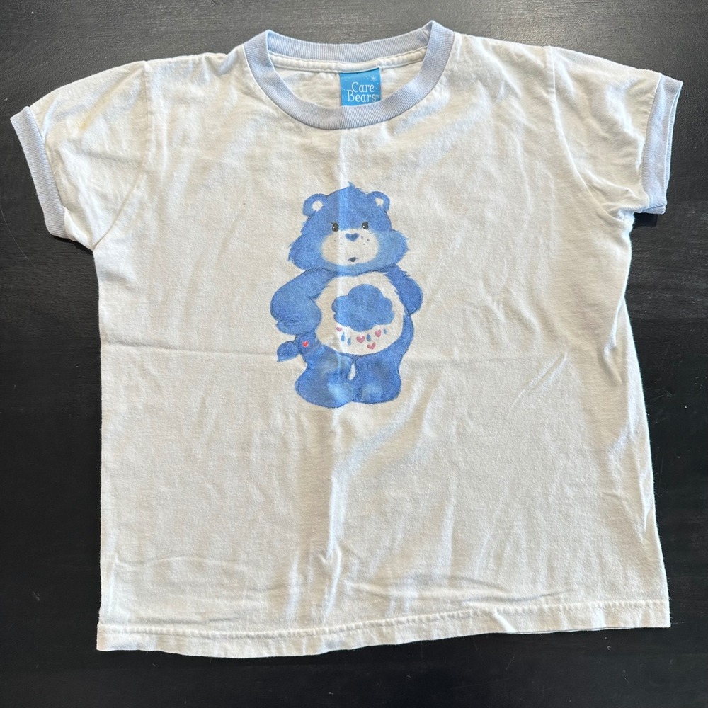 VTG Care Bears Grumpy Bear Ringer Baby Tee Shirt White Blue Y2K 2004 Size M